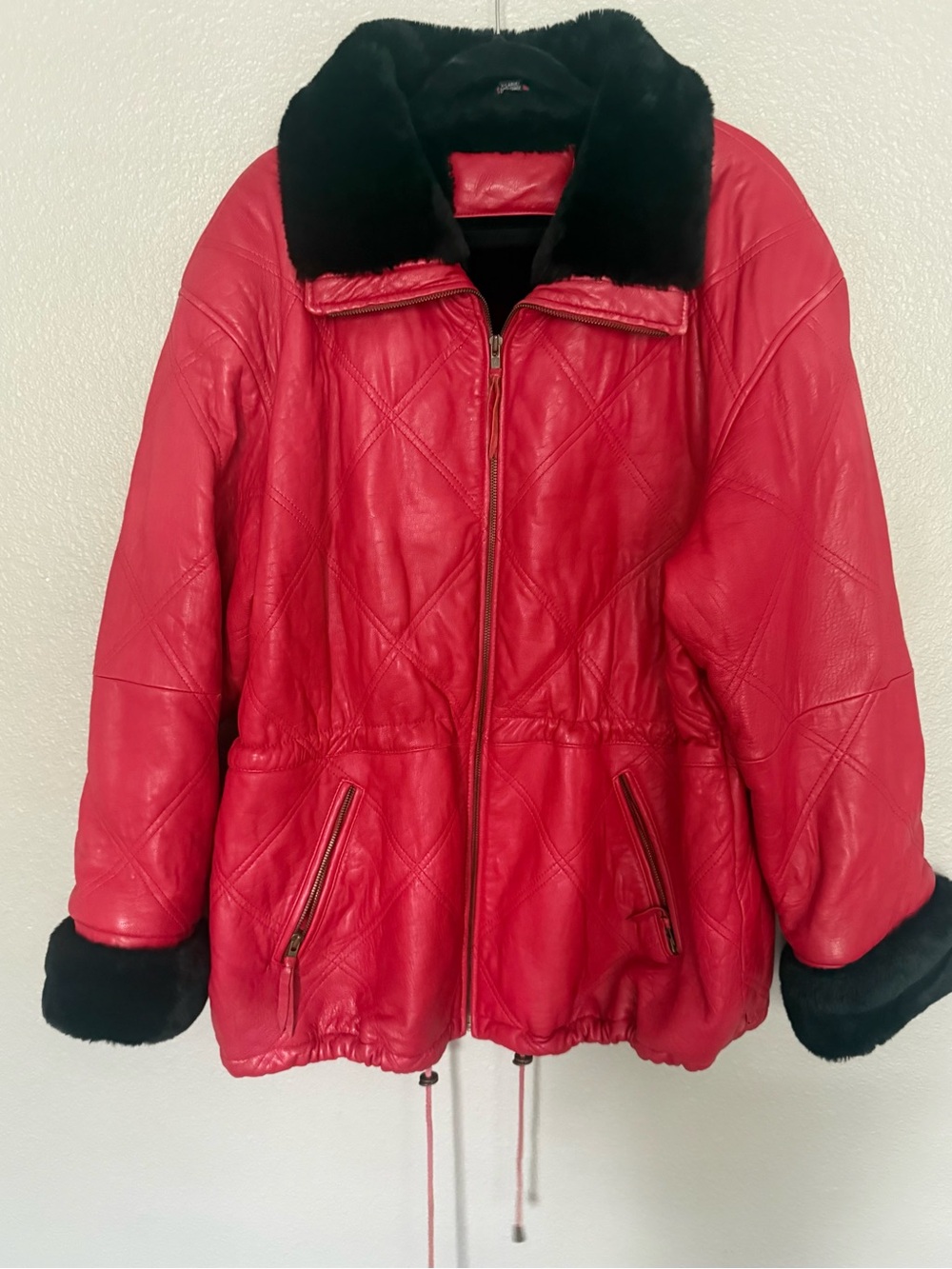 VTG 80s 90s Jacqueline Ferrar Red Leather Jacket XL Faux Fur Trim Quilted Coat